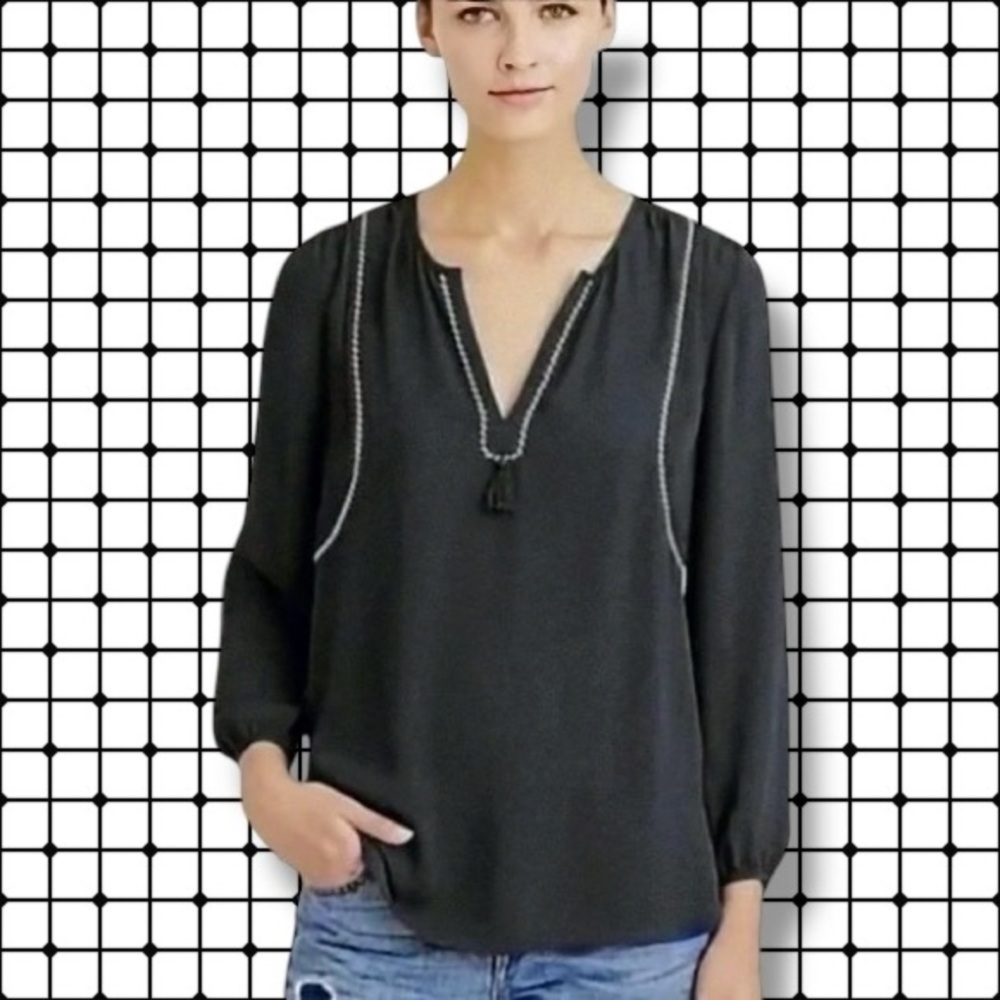 NWOT J. Crew Black & White Split Neck Tassel Trim Popover Tunic Size 6